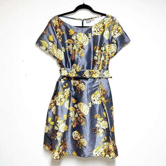 NWOT eShakti Quincy Grey Yellow Dragonfly Floral Mother of the Bride Dress Sz 16 - Picture 1 of 8
